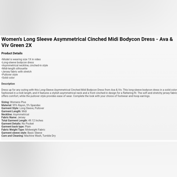 Women's Long Sleeve Asymmetrical Cinched Midi Bodycon Dress - Ava & Viv Green 2X - Picture 6 of 6